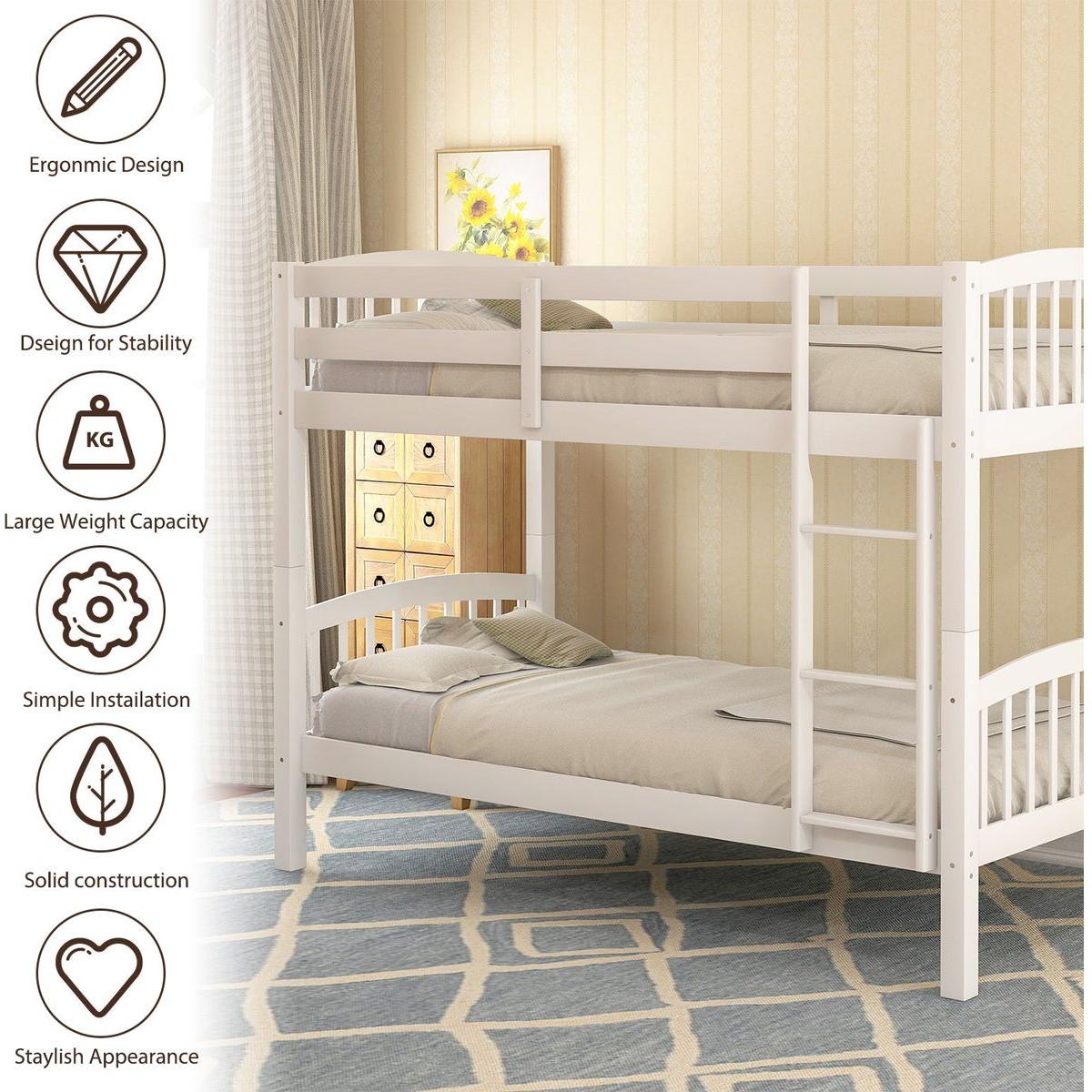 Twin Over Twin Bunk Bed with Ladder, White - Streamdale Furniture