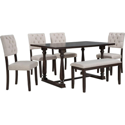 6-Piece Dining Table and Chair Set with Special-shaped Legs and Foam-covered Seat Backs&Cushions for Dining Room (Espresso)