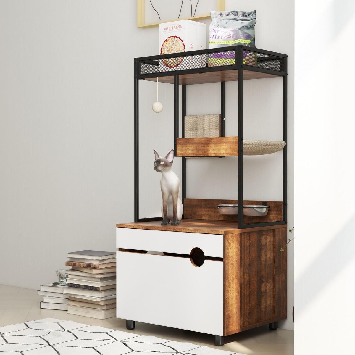 Hidden Cat Litter Box Enclosures with Cat Tree Tower, Cat Furniture with Scratching Pads and Large Storage Space, Industrial Cat Cabinet with Shelves and Doors, Rustic Brown