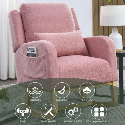 27.5" W Modern Accent High Back Living Room Casual Armchair Rocker with One Lumbar Pillow, Two Side Pockets, Teddy.