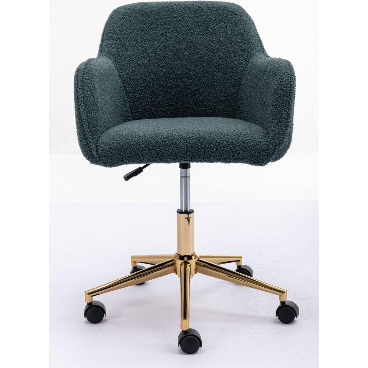 Modern Teddy Fabric Material Adjustable Height 360 Revolving Home Office Chair With Gold Metal Legs And Universal Wheel For Indoor,Green