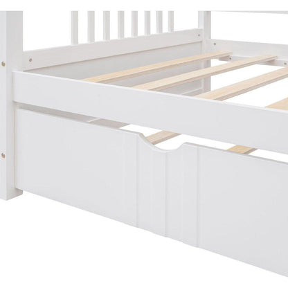 Twin Size Daybed Wood Bed with Twin Size Trundle, White