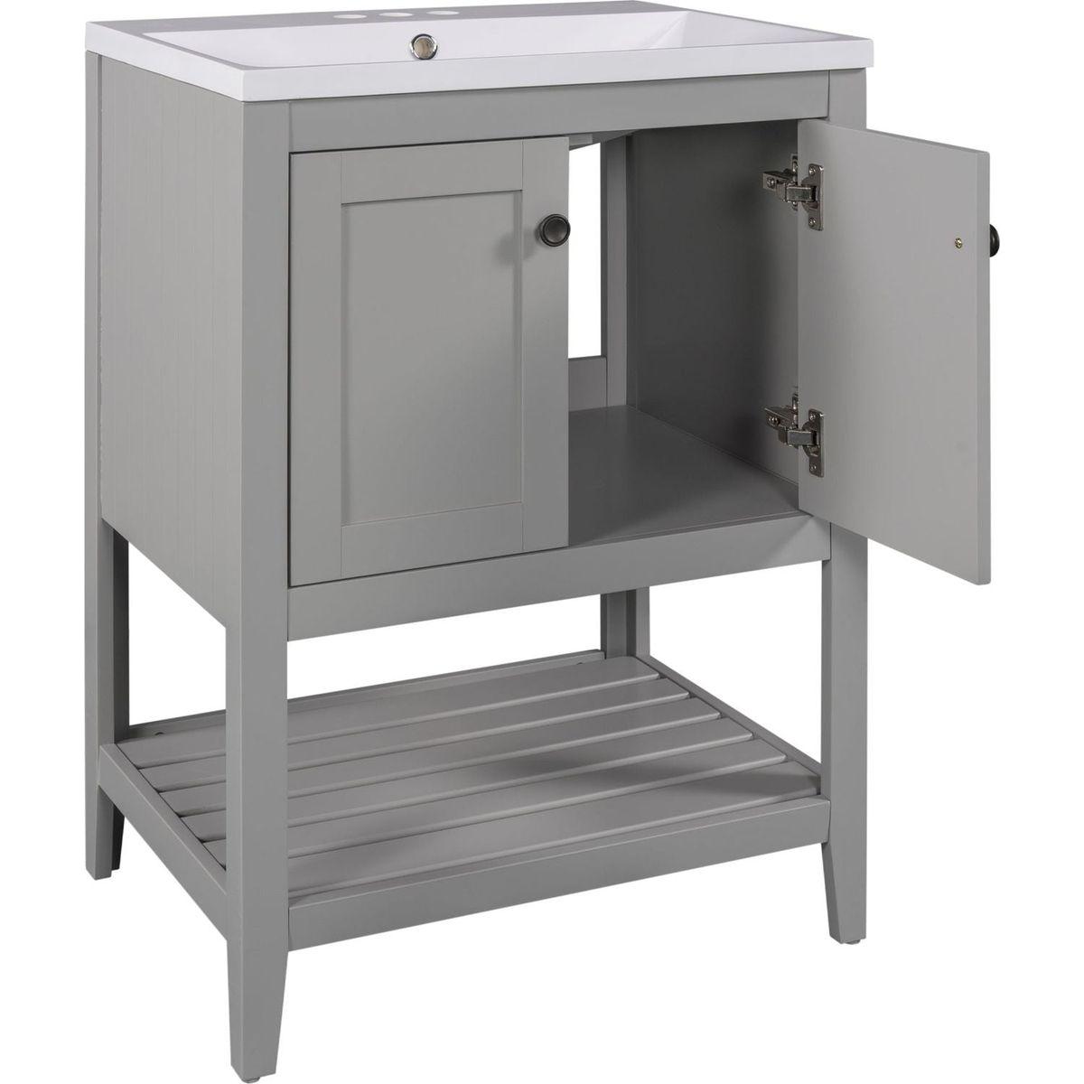 24" Grey Modern Sleek Bathroom Vanity Elegant Ceramic Sink with Solid Wood Frame Open Style Shelf