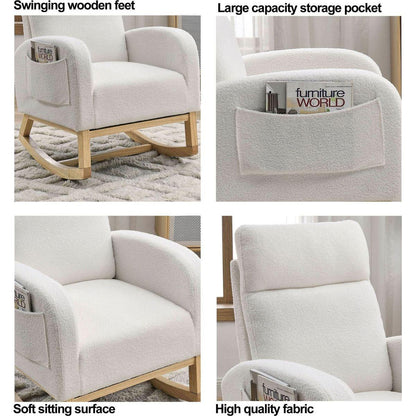 27.6"W Modern Accent High Backrest Living Room Lounge Arm Rocking Chair, Two Side Pocket, Teddy White (Ivory)