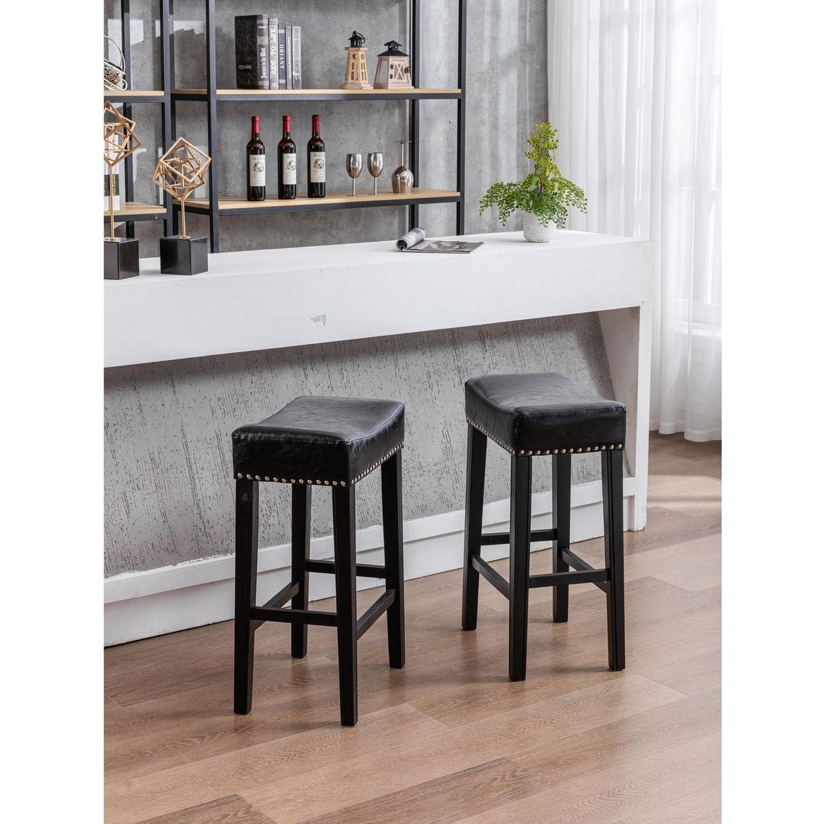 Counter Height 29" Bar Stools for Kitchen Counter Backless Faux Leather Stools Farmhouse Island Chairs (29 Inch, Black, Set of 2)