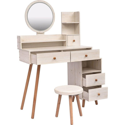 Stylish Vanity Table + Cushioned Stool, Touch Control LED Mirror, Large Capacity Storage Cabinet, 5 Drawers, Fashionable Makeup Furniture, Length Adjustable(L31.5"-43.2"x W15.8" x H48.1")
