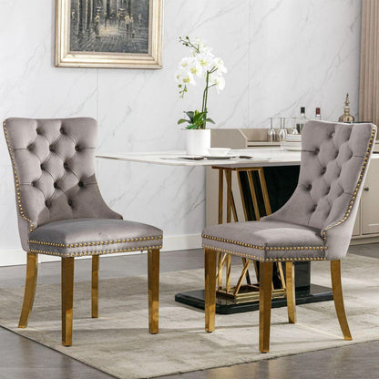 Nikki Collection Modern, High-end Tufted Solid Wood Contemporary Velvet Upholstered Dining Chair with Golden Stainless Steel Plating Legs,Nailhead Trim,Set of 2,Gray and Gold