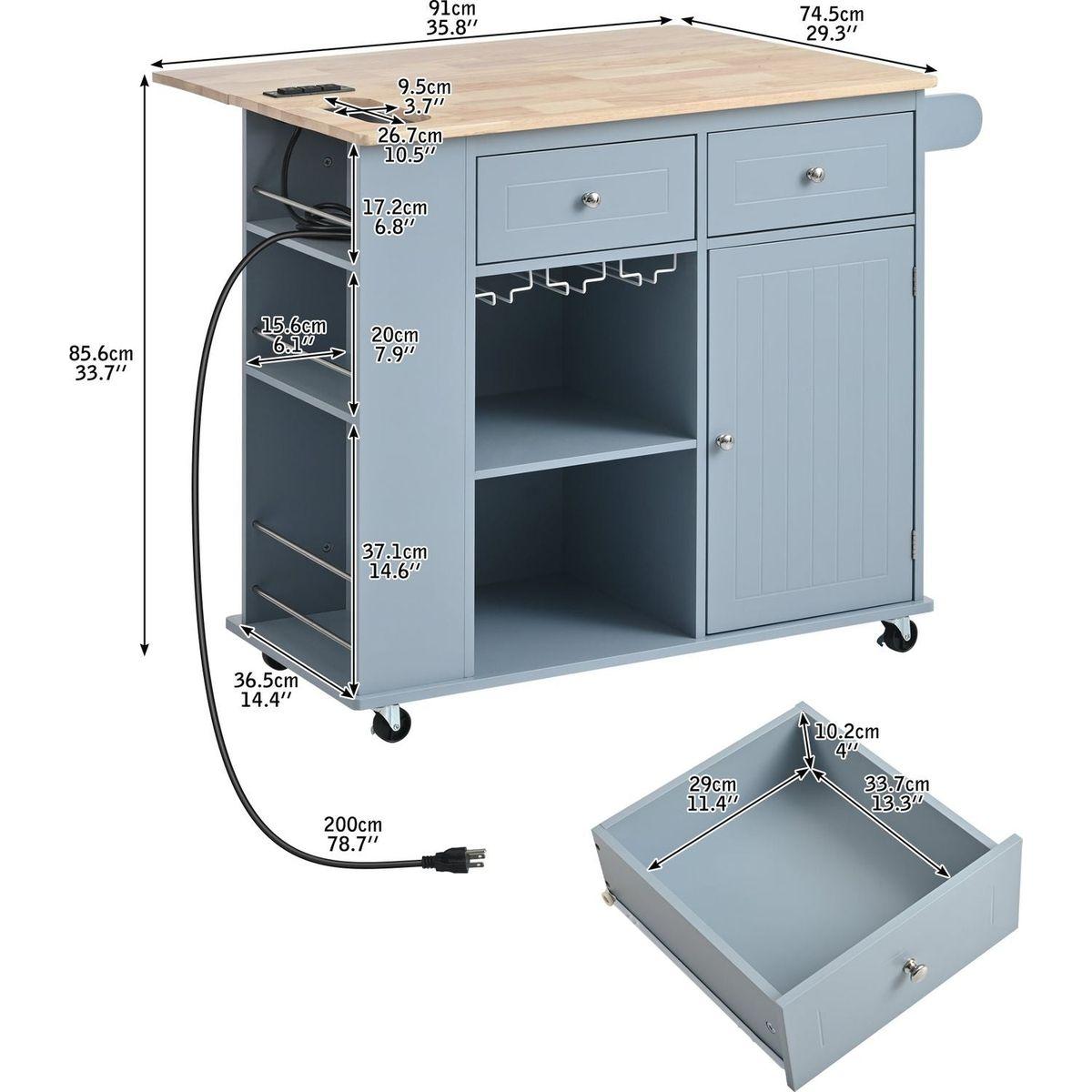 Kitchen Island with Power Outlet,Kitchen Storage Island with Drop Leaf and Rubber Wood,Open Storage and Wine Rack,5 Wheels,with Adjustable Storage for Home, Kitchen, and Dining Room, Grey Blue