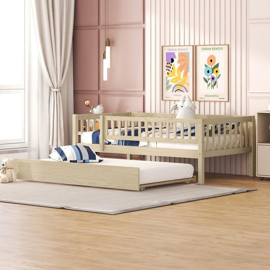Twin Size Wood Daybed with Trundle and Fence Guardrails, Natural - Streamdale Furniture