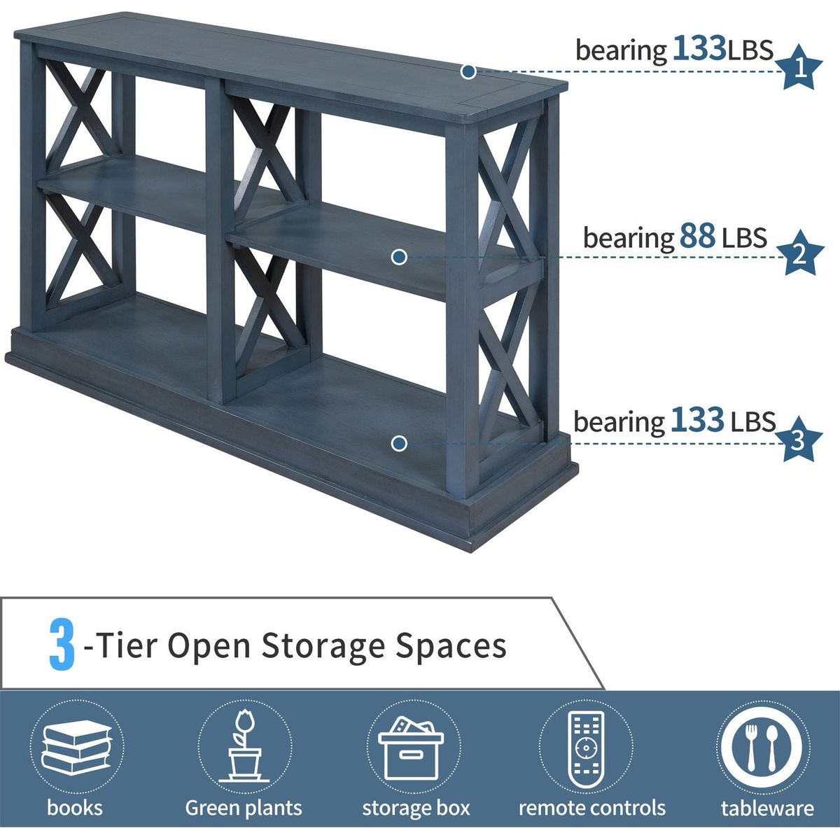 Console Table with 3-Tier Open Storage Spaces and " X"