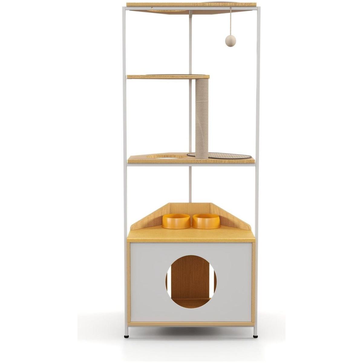 Corner Cat Tower, Cat Tree with Scratching Post, Cat Condo with Feeding Station and Climbing Platforms, Pet Furniture for Indoor Cats