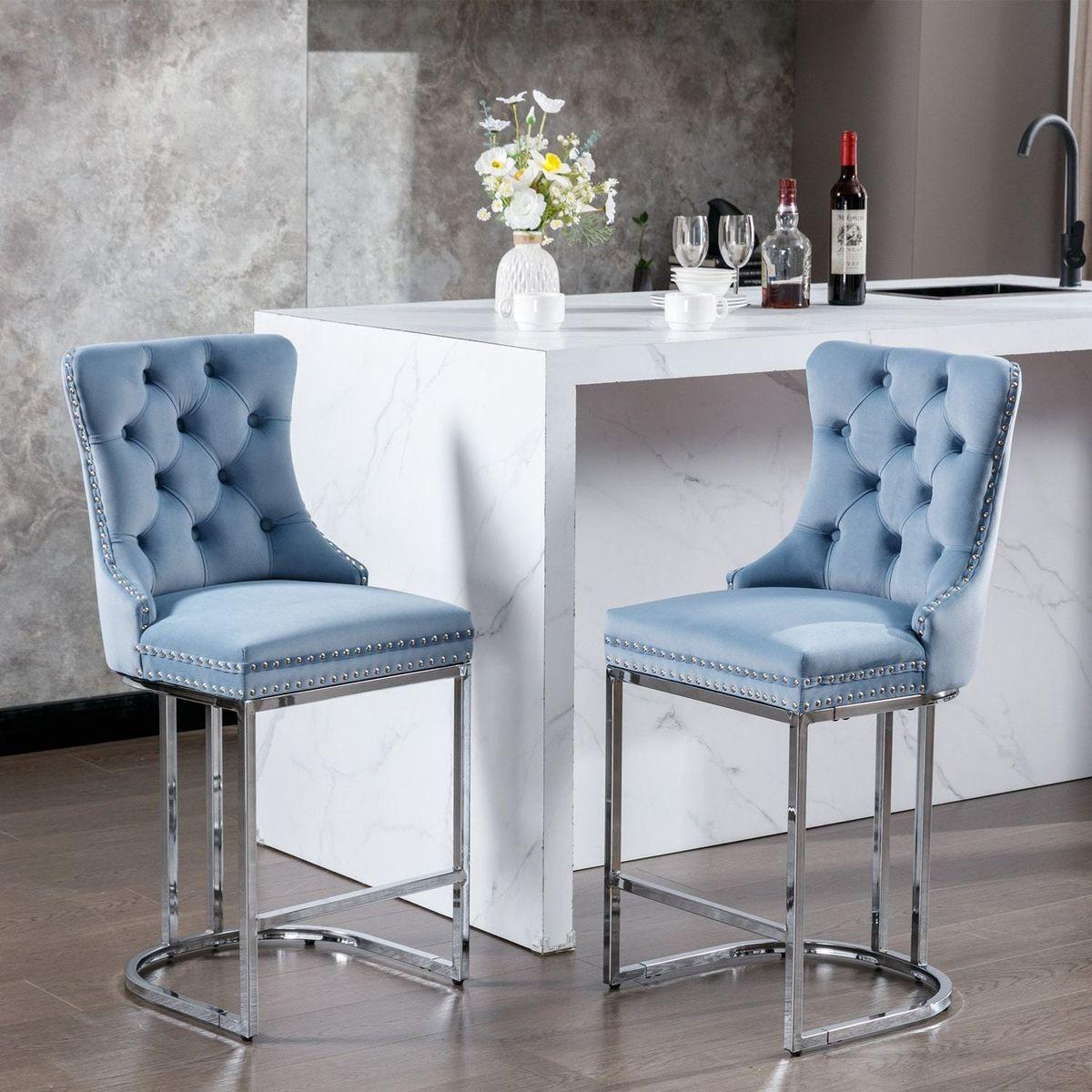 26" Counter Height Bar Stools Set of 2, Modern Velvet Barstools with Button Back&Rivet Trim Upholstered Kitchen Island Chairs with Sturdy Chromed Metal Base Legs Farmhouse Bar Stools, Light Blue, 2 Pack