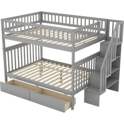 Full over Full Bunk Bed with Two Drawers and Storage, Gray