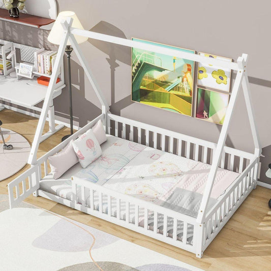 Full Tent-shaped Floor Bed, with Guardrails, Slats, Door, White