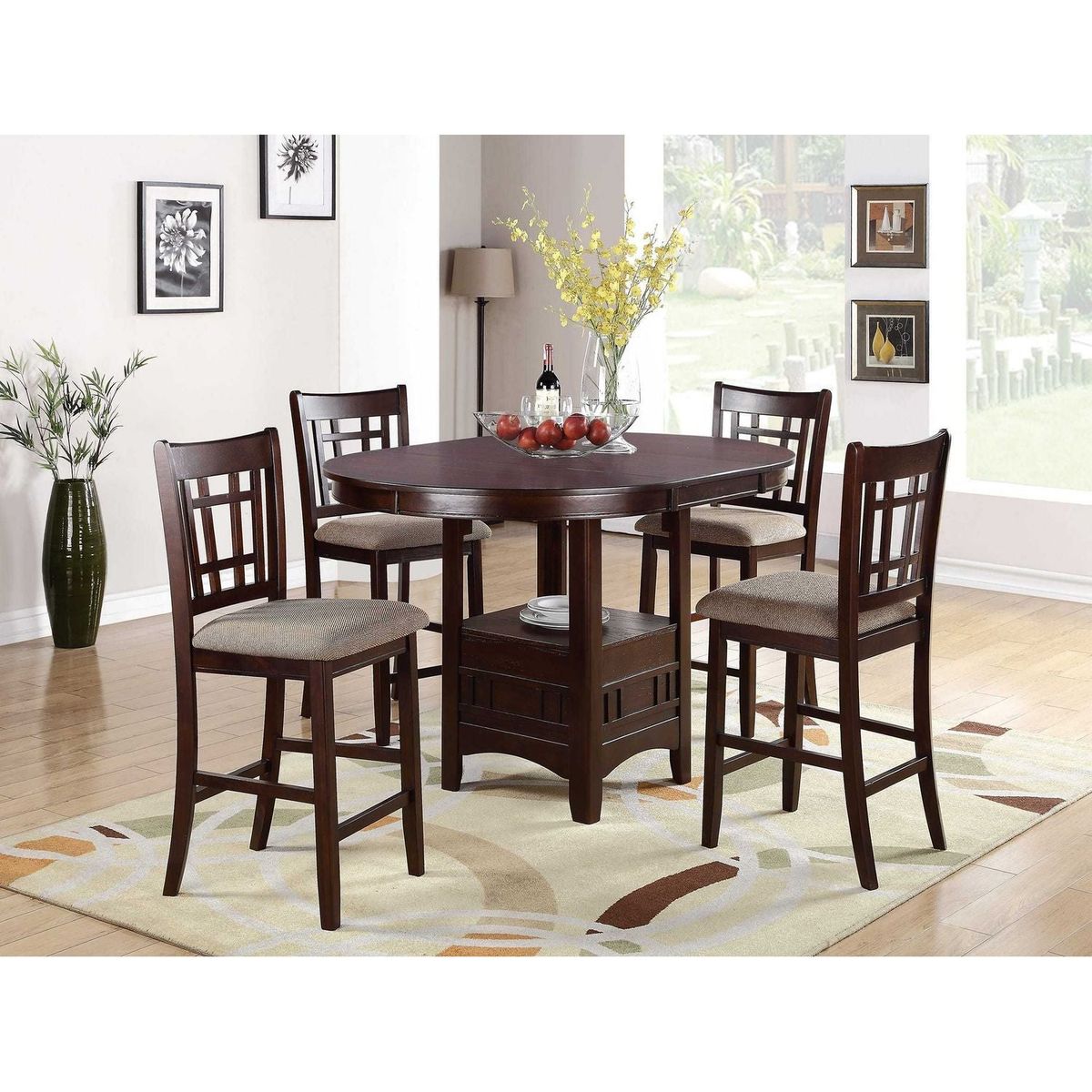 Set of 2 Chairs Dining Room Furniture Brown Solid wood Counter Height Chairs Upholstered Cushioned Unique back