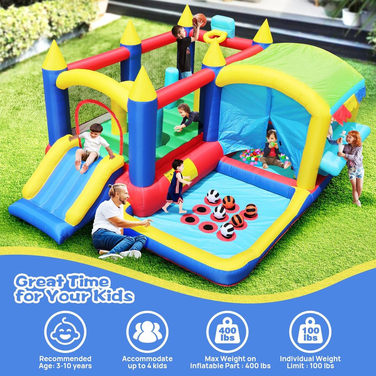 7 in 1 Inflatable Bounce House, Bouncy House with Ball Pit for Kids Indoor Outdoor Party Family Fun, Obstacles, Toddler Jump Bouncy Castle with Ball Pit for Birthday Party Gifts - Streamdale Furniture