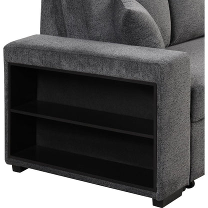 Reversible Sleeper Sectional Sofa Bed with Side Shelf and 2 Stools, Pull-Out L-Shaped Sofa Bed, Corner Sofa-Bed with Storage Chaise Left/Right Hande for Living Room, Blue Black