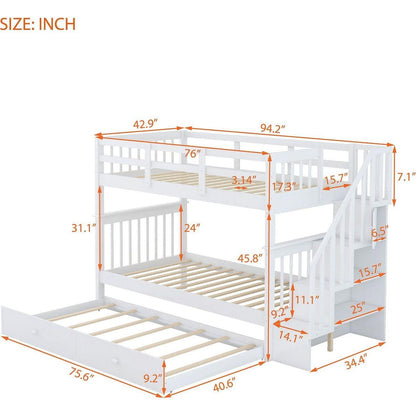 Stairway Twin-Over-Twin Bunk Bed with Twin size Trundle for Bedroom, Dorm, Adults, White () - Streamdale Furniture