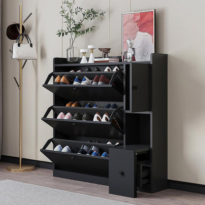 Versatile Shoe Cabinet with 3 Flip Drawers, Maximum Storage Entryway Organizer with Drawer, Free Standing Shoe Rack with Pull-down Seat for Hallway, Black