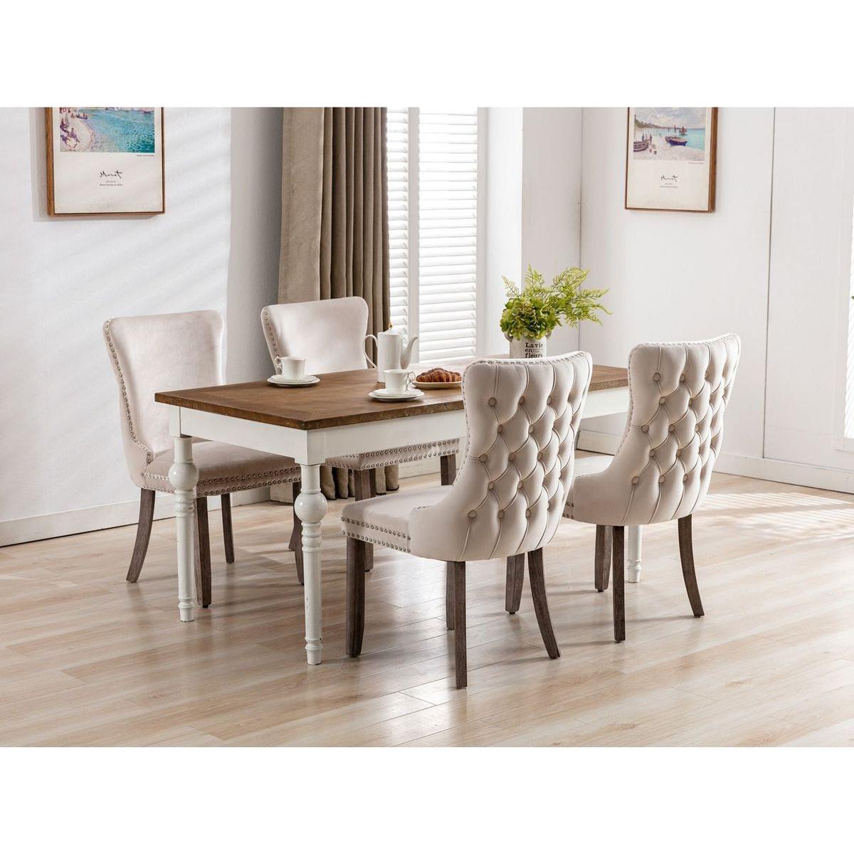 Upholstered Wing-Back Dining Chair with Backstitching Nailhead Trim and Solid Wood Legs, Set of 2, Beige, 8809BG, KD