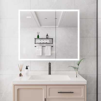 Bathroom Medicine Cabinet with Lights, 36卢脜30 Inch LED Medicine Cabinet with Mirror, Double Door Lighted Medicine Cabinet with Defogger, Dimmer, Clock & Temp Display, 2 Outlets & USB Ports