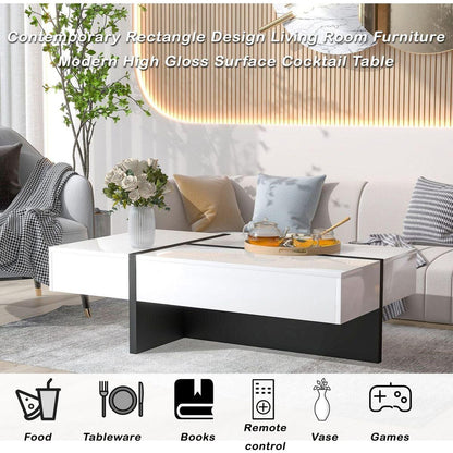 Contemporary Rectangle Design Living Room Furniture, Modern High Gloss Surface Cocktail Table, Center Table for Sofa or Upholstered Chairs5.2x25.5x13.7in