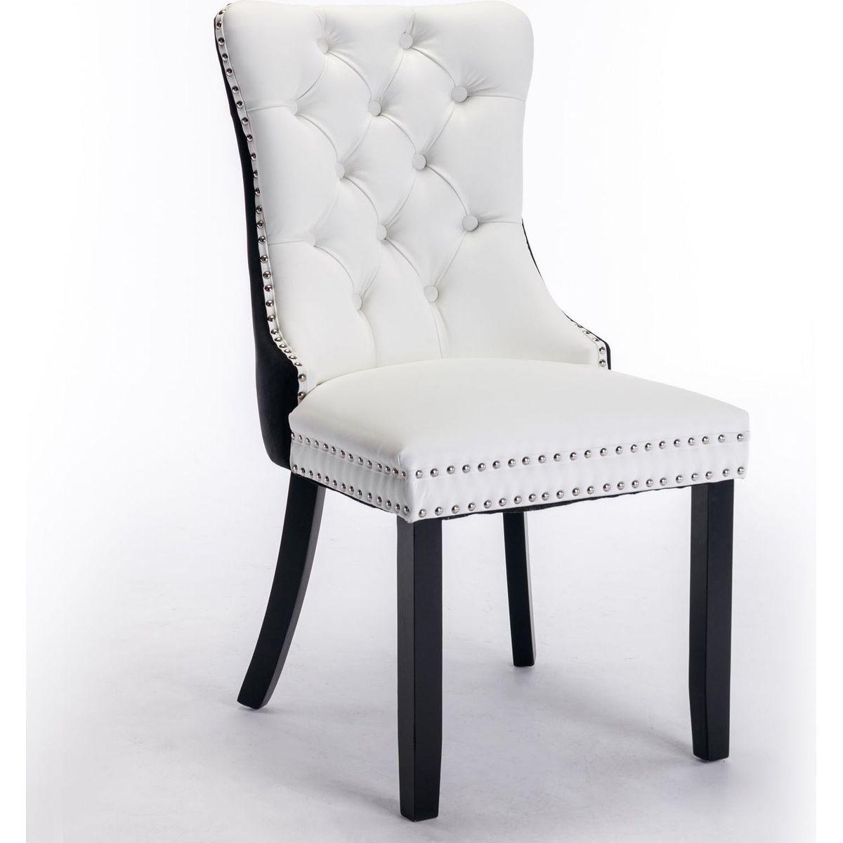 Nikki Collection Modern, High-end Tufted Solid Wood Contemporary PU and Velvet Upholstered Dining Chair with Wood Legs Nailhead Trim 2-Pcs Set White+Black