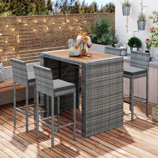 GO 5-pieces Outdoor Patio Wicker Bar Set, Bar Height Chairs With Non-Slip Feet And Fixed Rope, Removable Cushion, Acacia Wood Table Top, Brown Wood And Gray Wicker - Streamdale Furniture