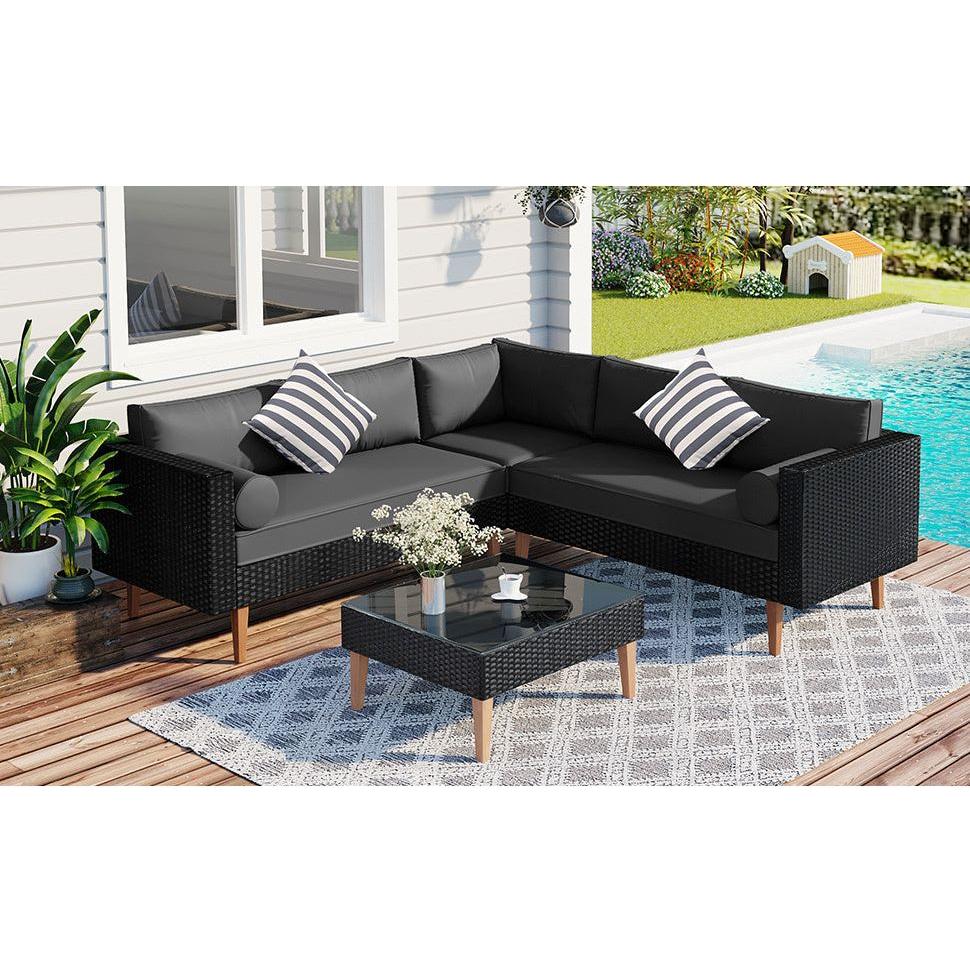 GO 4-pieces Outdoor Wicker Sofa Set, Patio Furniture with Colorful Pillows, L-shape sofa set, Gray cushions and Black Rattan