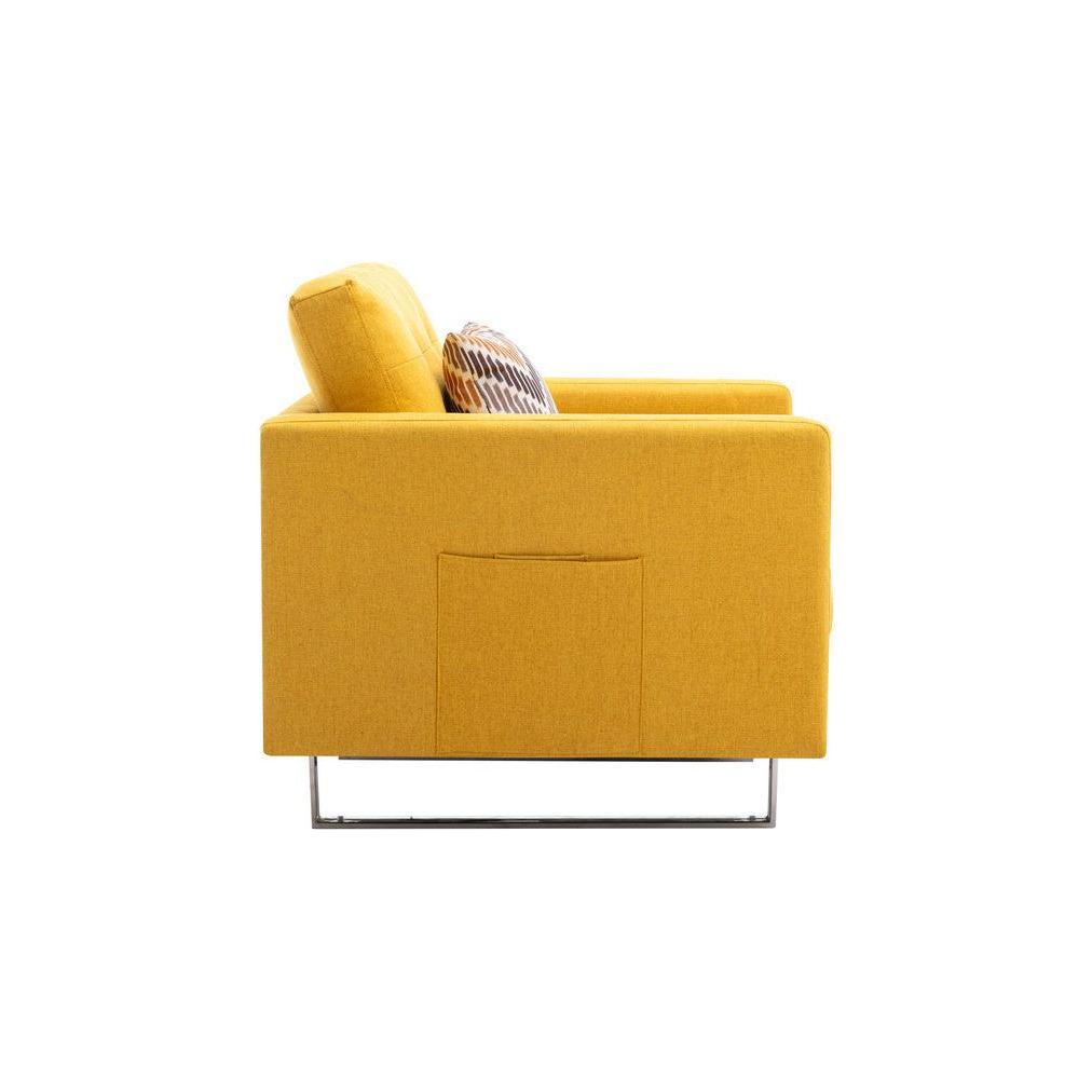 Victoria Yellow Linen Fabric Armchair with Metal Legs, Side Pockets, and Pillow