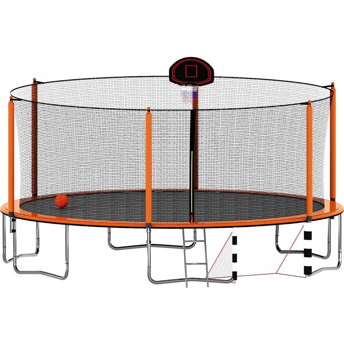 16FT Trampoline with Basketball Hoop pump and Ladder(Inner Safety Enclosure) with soccer goal orange