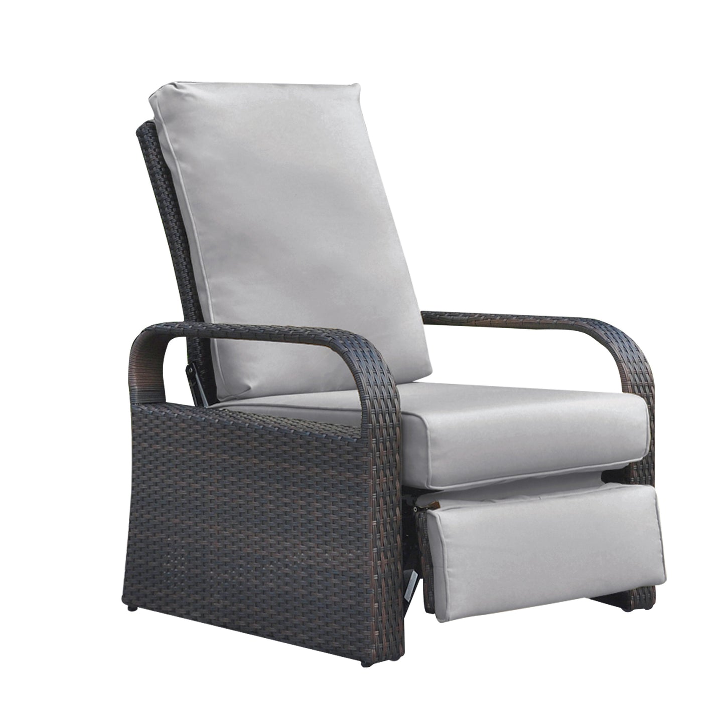 Outdoor Recliner, Automatic Adjustable Wicker Lounge Recliner Chair with Comfy Thicken Cushion, All Weather Aluminum Frame, Brown Wicker + Grey Cushion