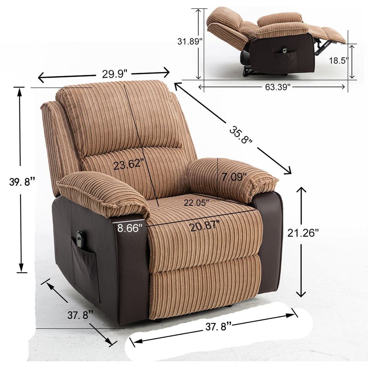 Brown Fabric Recliner Chair Theater Single Recliner Thick Seat and Backrest, suitable for living room, side bags Electric sofa chair, electric remote control.The angle can adjust freely