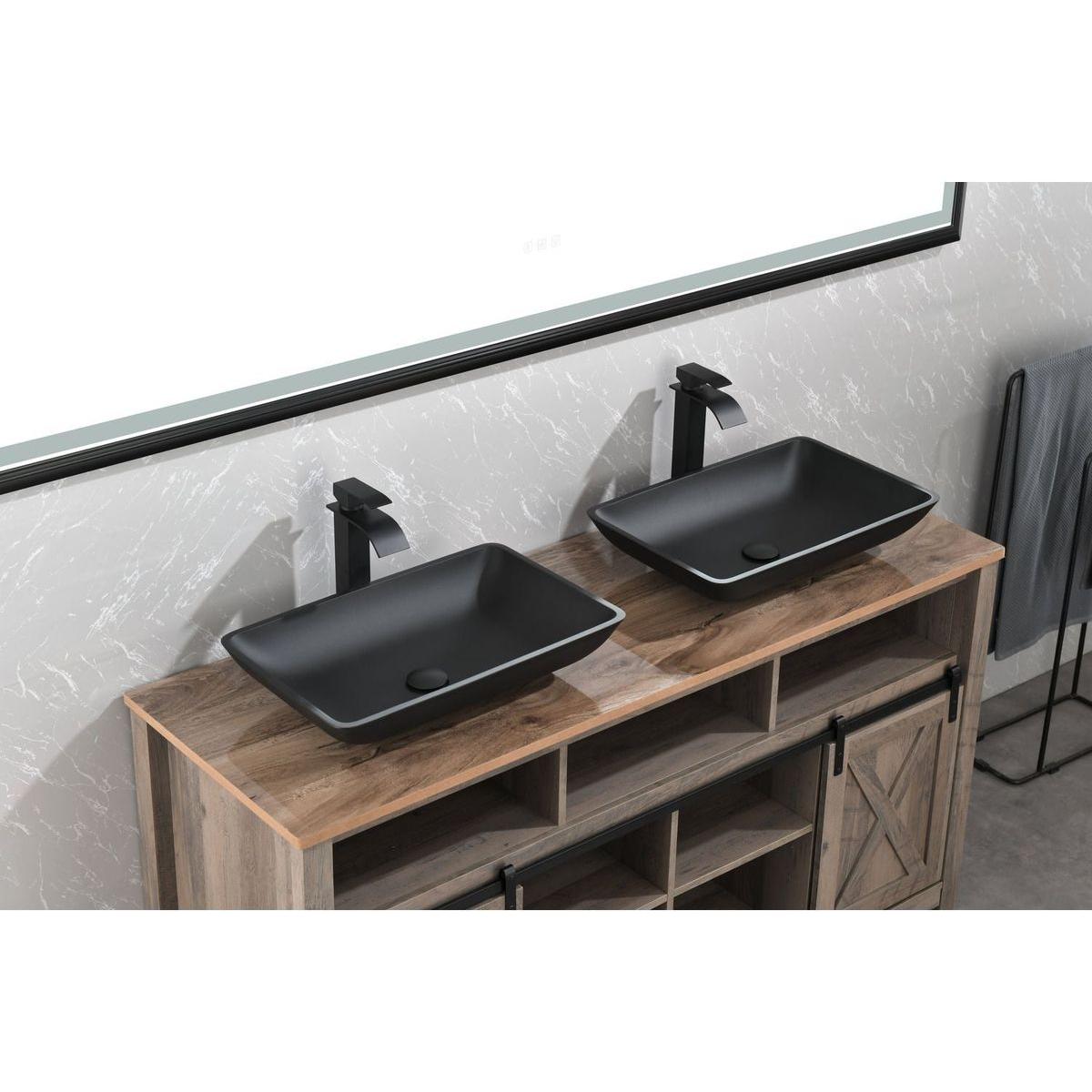 14.38" L -22.25" W -4-3/8 in. H Matte Shell Glass Rectangular Vessel Bathroom Sink in Black with Faucet and Pop-Up Drain in Matte Black