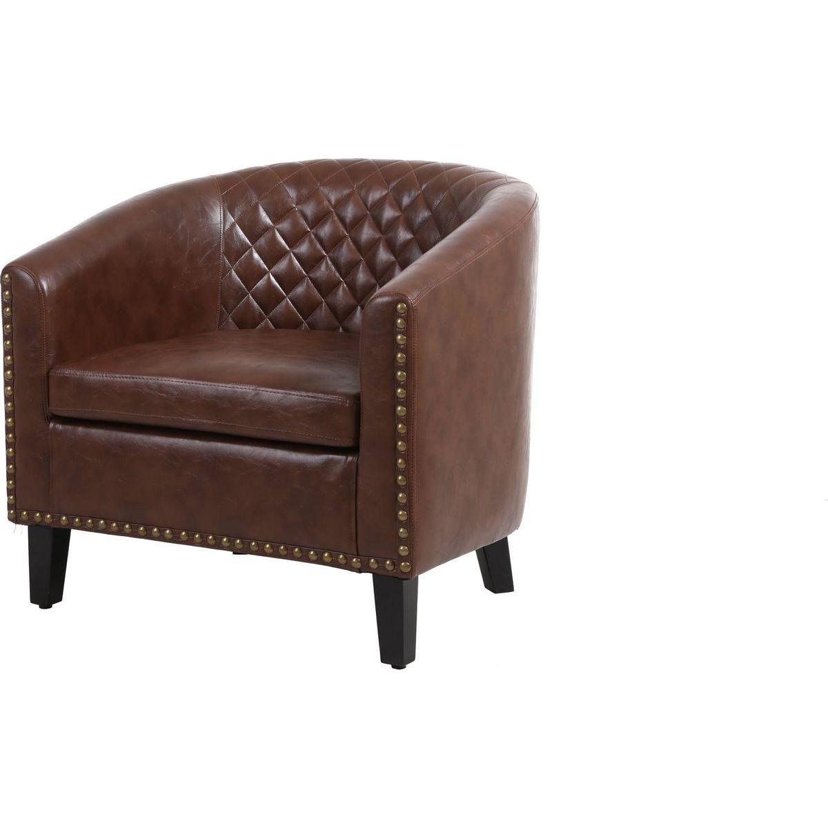 accent Barrel chair living room chair with nailheads and solid wood legs Brown pu leather