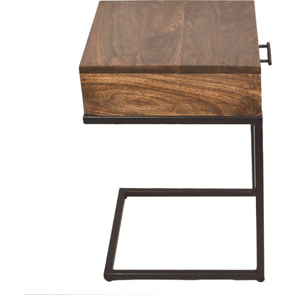 Mango Wood Side Table with Drawer and Cantilever Iron Base, Brown and Black