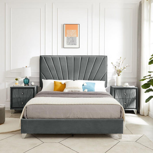 Full bed with two nightstands, Beautiful line stripe cushion headboard, strong wooden slats + metal legs with Electroplate