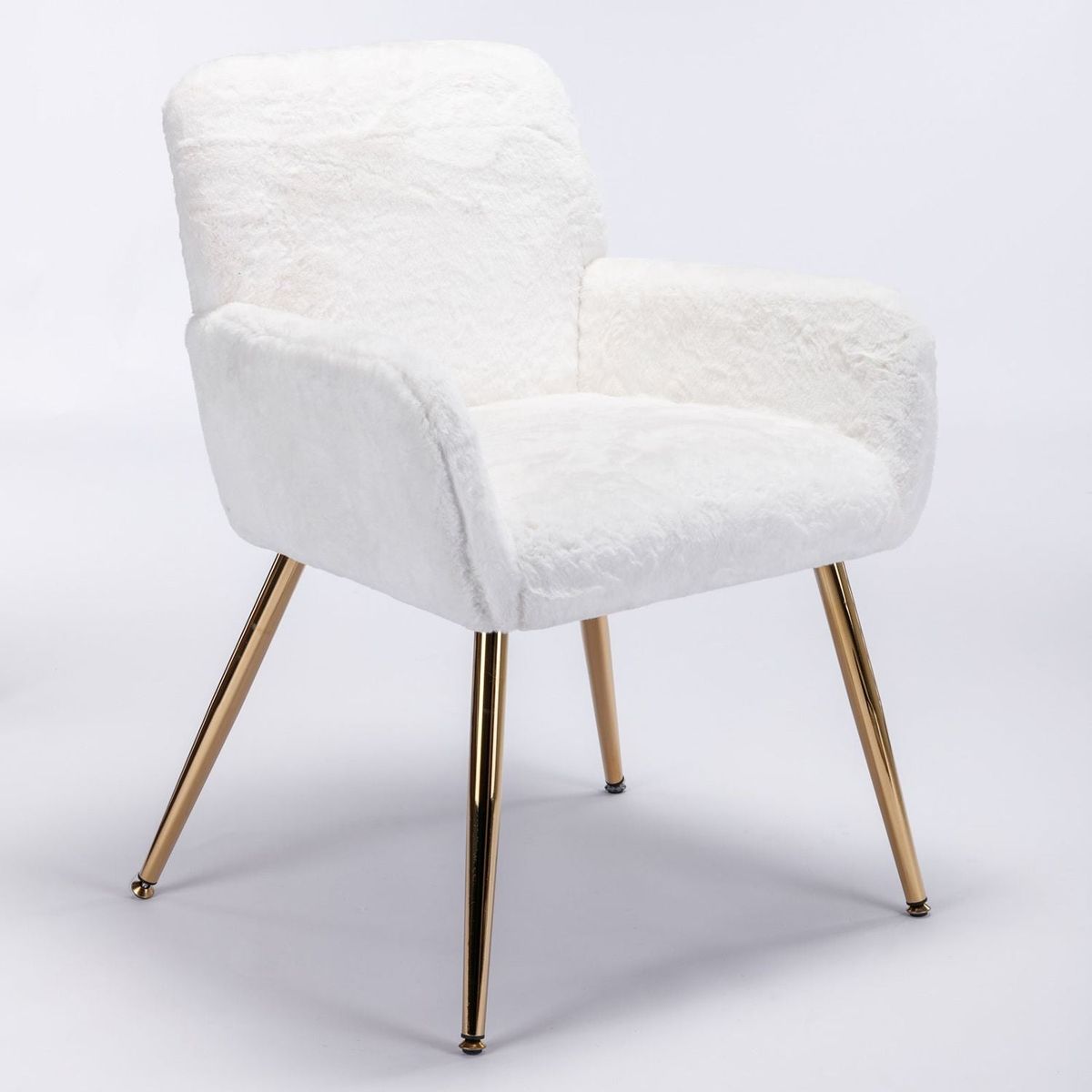 Artificial Rabbit Hair Dining Chair, Furry Desk Chair, Modern Faux Fur Chair for Teen Girls, Comfy Armchair with Golden Metal Legs for Living Room, Vanity Makeup Chair, Set of 2, White Rabbit Hair