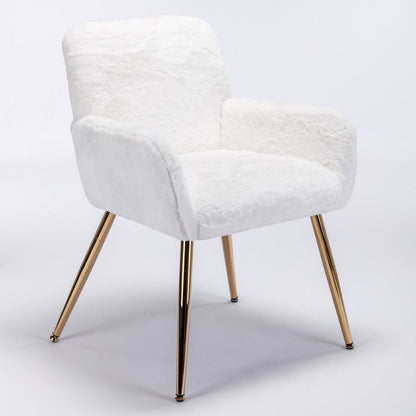 Artificial Rabbit Hair Dining Chair, Furry Desk Chair, Modern Faux Fur Chair for Teen Girls, Comfy Armchair with Golden Metal Legs for Living Room, Vanity Makeup Chair, Set of 2, White Rabbit Hair