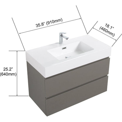 Alice 36" Gray Bathroom Vanity with Sink, Large Storage Wall Mounted Floating Bathroom Vanity for Modern Bathroom, One-Piece White Sink Basin without Drain and Faucet