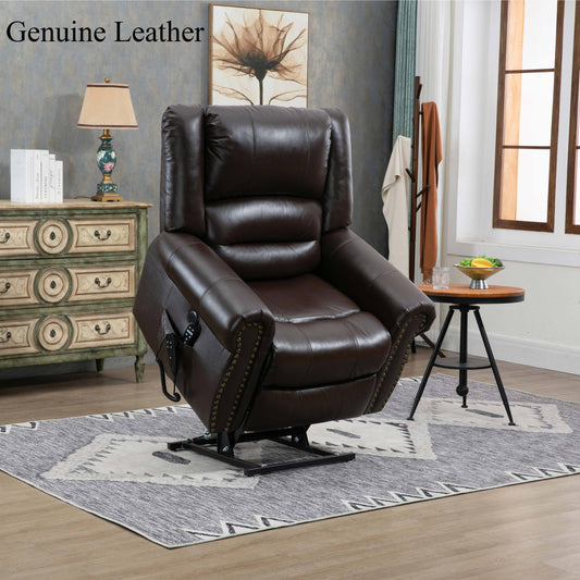 Power Lift Recliner Chair Heat Massage Dual Motor Infinite Position Up to 350 LBS, Genuine Leather, Heavy Duty Motion Mechanism with USB Ports, Brown