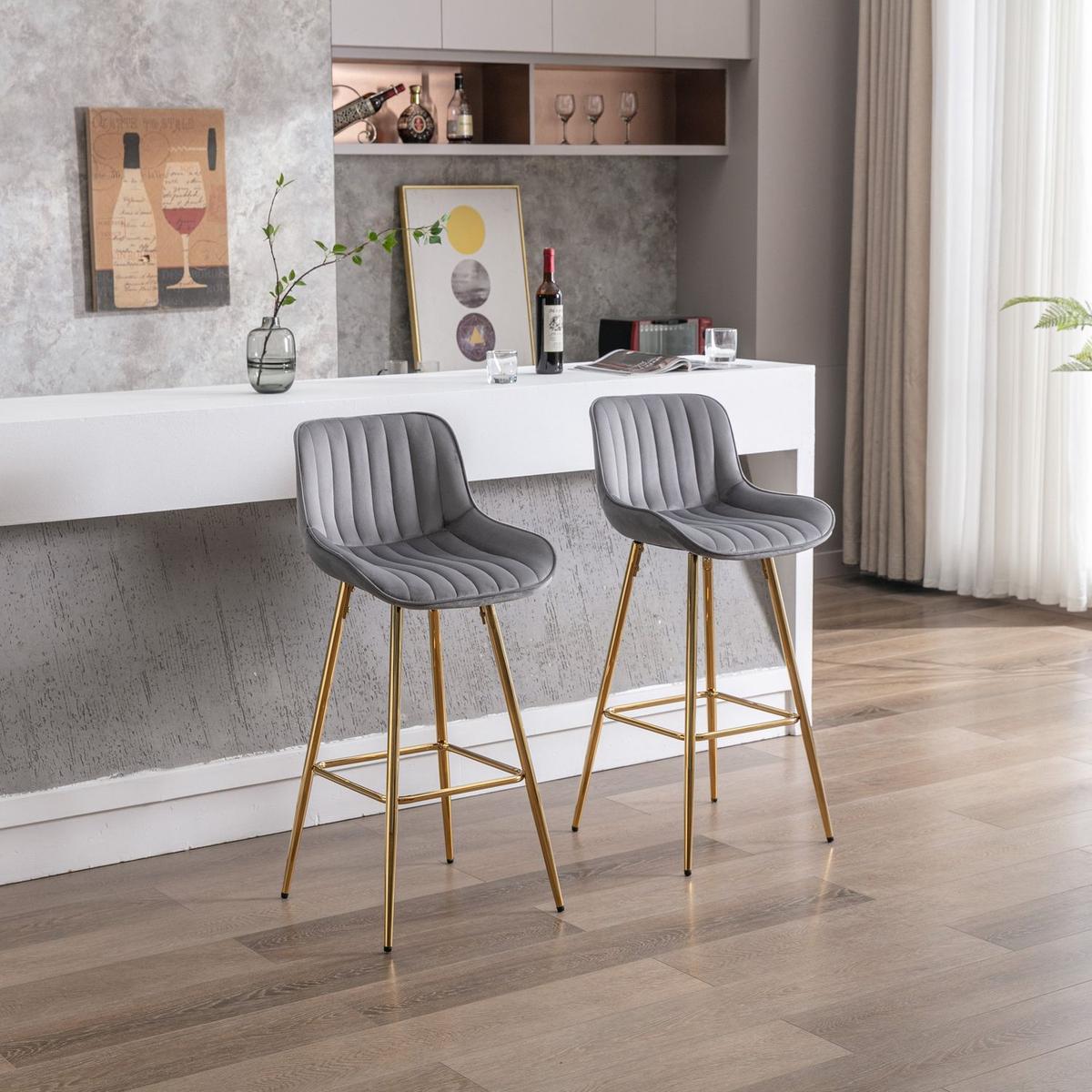 30 inch Set of 2 Bar Stools, with Chrome Footrest Velvet Fabric Counter Stool Golden Leg Simple High Bar Stool, GRAY - Streamdale Furniture