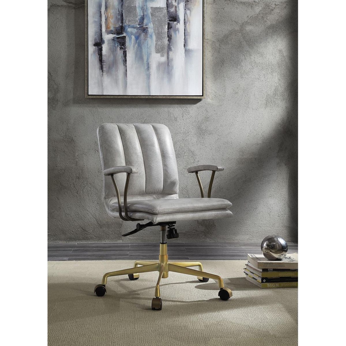 Damir Office Chair, Vintage White Top Grain Leather & Gold