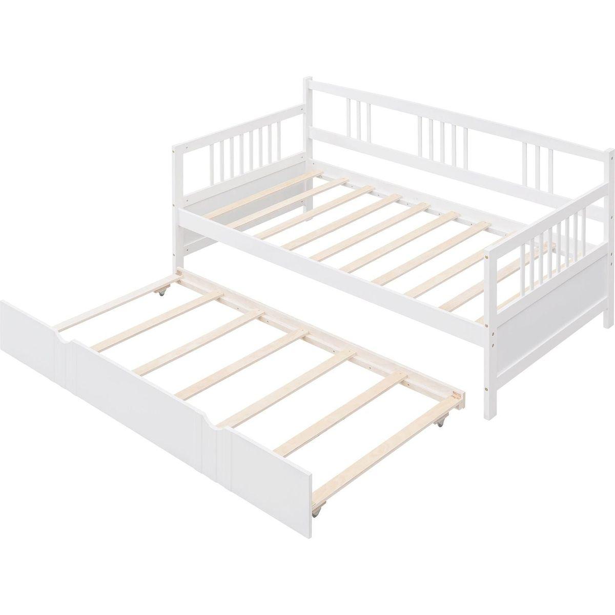 Twin Size Daybed Wood Bed with Twin Size Trundle, White