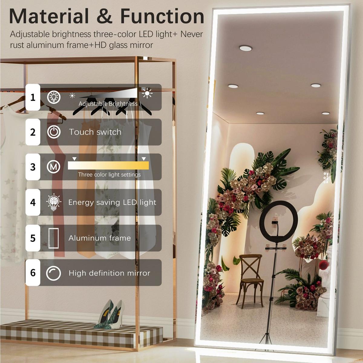 72X32 inch Oversized LED Bathroom Mirror Wall Mounted Mirror with 3 Color Modes Aluminum Frame Wall Mirror Large Full Length Mirror with Lights Lighted Full Body Mirror for Bedroom Living Room, Silver