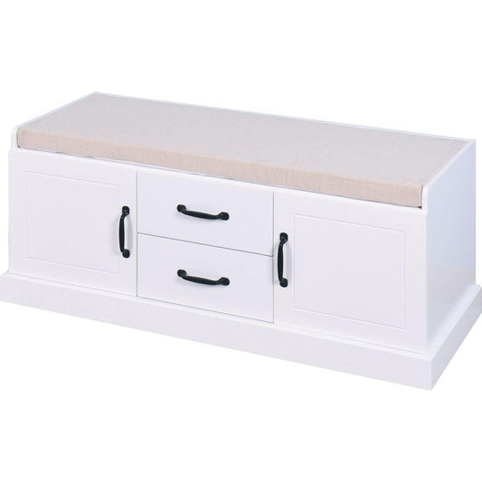 Wooden Entryway Shoe Cabinet with 2 Drawers and 2 Doors Living Room Storage Bench with White Cushion