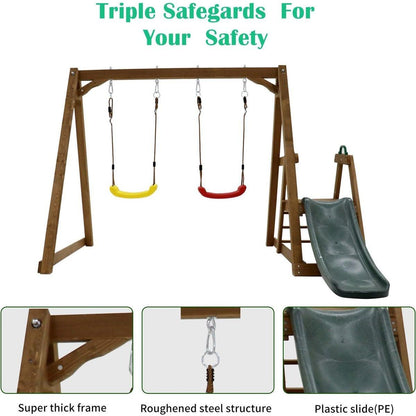 Wood Swing Set for Backyard, 2 in 1 Outdoor Swing Set with Slide, Climbing Rope Ladder Kids Backyard Playset