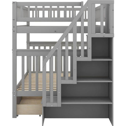 Full over Full Bunk Bed with Two Drawers and Storage, Gray