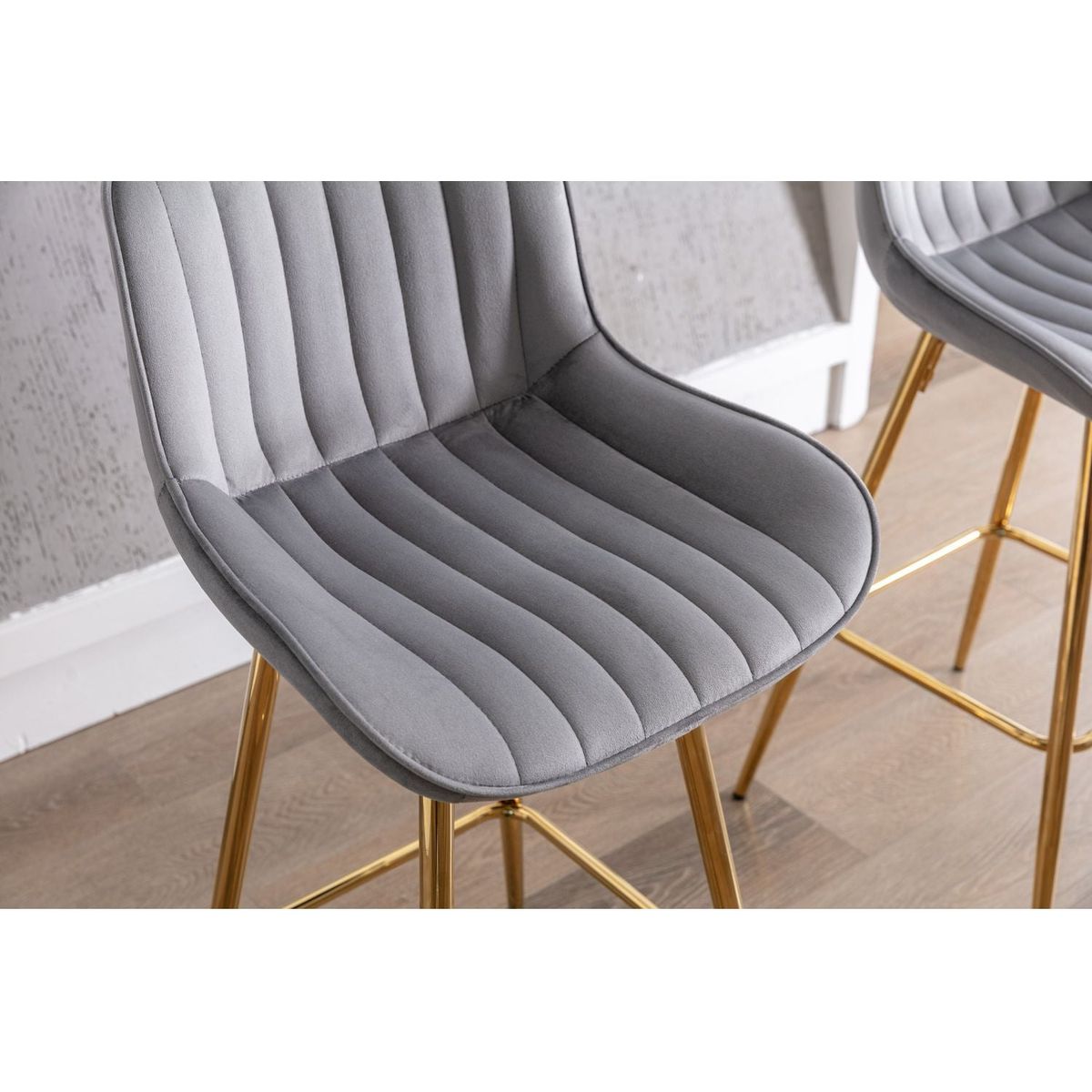 30 inch Set of 2 Bar Stools, with Chrome Footrest Velvet Fabric Counter Stool Golden Leg Simple High Bar Stool, GRAY - Streamdale Furniture