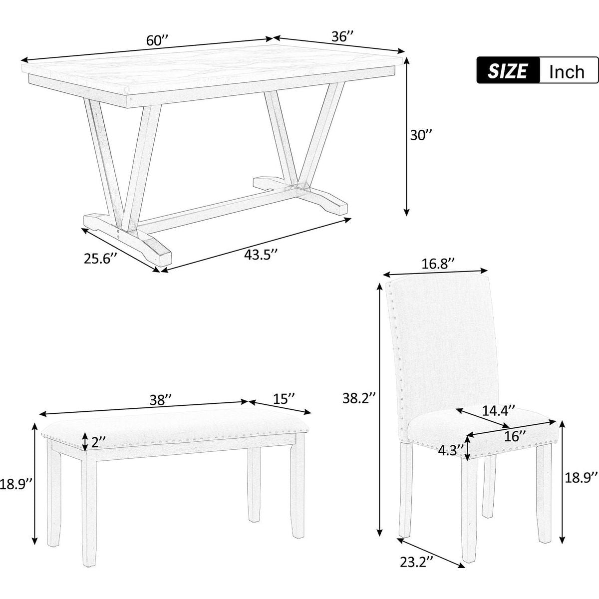 Modern Style 6-piece Dining Table with 4 Chairs & 1 Bench, Table with Marbled Veneers Tabletop and V-shaped Table Legs (White)